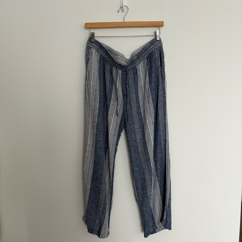 Old Navy Womens Pull on Pants Large Blue White Mid rise Wide leg Linen Blend